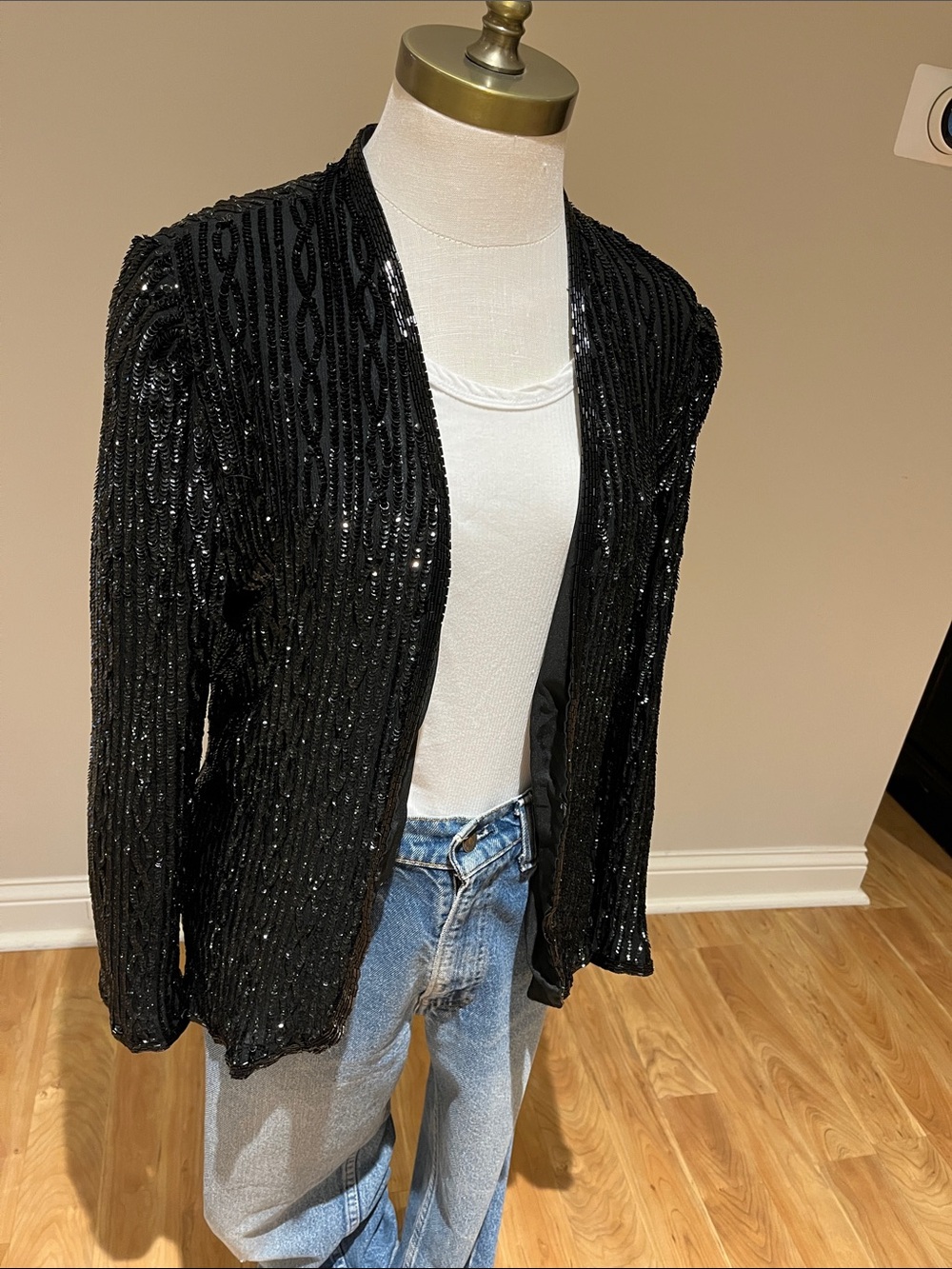 Vintage Nightline Black Sequin Open-Front Women's Jacket fits S/m